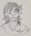 A physical shoulders-up drawing of Wyatt Mason III / Trip. Trip is an older teen with messy shoulder-length hair, gills, fins for ears, small fangs, and the roman numeral III under their right eye. They look worried. They are wearing an Atlantis Georgias uniform with the number 48 on the left shoulder.