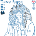 An hall of flame-blue line drawing of Thiago Robbie with their team, stats, and position displayed above. Robbie is a middle aged heavyset Salvadoran-white person wearing a round goggles and a slightly open jumpsuit. They have long and large wavy hair that partially obscures their face, and there are many urchin-like spines sprouting from the hair, radiating out from the head. They appear exhausted, and although they are not frowning, the lines on their face make it clear that frowning is the most common expression they make.