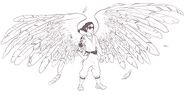 A digital ink drawing of Zephyr on a blank white background. Grollis is a winged Japanese person with long black hair in a loose braid, baggy pants, a fanny pack, sunglasses, and a tank top. Ze holds a pair of drumsticks in one hand and a blaseball in the other. One of hyr arms is covered in rose and thorn tattoos.