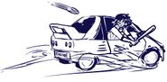 A digital black and white ink drawing of Engine, a man with long black shaggy hair and round sunglasses, in a small car. He is leaning out of one of the windows as the car zooms along with a blaseball bat outstretched, ready to hit a ball coming at the car from behind.