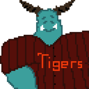 A large blue pixel-art demon in a Hades Tiger's baseball jersey smiling warmly.