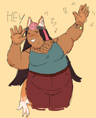 A colored sketch of Layna shouting out "Hey!" and waving at the viewer. She is a fat Mapuche woman wearing a traditional trarilonco headband and she has maned fox ears and tail.