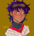 A digital bust drawing of Val Hitherto, a Chinese trans man with short messy purple hair and an eyepatch. He has a pair of goggles on his head and some stars on his cheek, and is looking at the viewer with a confident smirk.