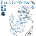 A blue hall of flame-colored line drawing of Ella Goodman with her team, stats, and position displayed above. Ella is a lightly carcinized short fat Mexican trans woman with short hair and bangs. She wears overalls over a buttonup, has cat eye glasses, and a large bow in her hair. She smiles as she waves at the viewer.