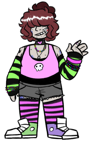 A digital drawing of Hank Marshallow - a short, gray-skinned zombie with fluffy red hair. They are waving, and dressed in clothes in extremely bright shades of pink and green.