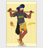 A digital illustration of Sunbeams player Lars Taylor modeling team merch for VLOGUE magazine. They have their bat resting behind both shoulders and are wearing a Hellmouth Community College shirt with shorts that say "Stare into the Sun" on one leg. A sunbeams-themed bomber jacked is tied around their waist, and one spectral hand is holding an orange Fanta soda. The background is light yellow with a repeating citrus pattern.