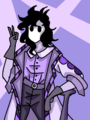 A digital monochromatic purple drawing of Eve, a person with long messy black hair and a base plate for a face. She is wearing a purple blouse, high-waisted pants, and a white coat with a gradient of purple circles down the arms. She is leaning on a blaseball bat with one arm as she makes the peace symbol with the other.