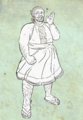 an uncolored digital drawing of samothes dembélé on a textured light green background. samothes is a fat black man with a beard, cornrows, round glasses, and a sundress. he is slightly carcinized, with chitin on his ears and legs, but is otherwise completely human. he grins as he raises one hand in a wave to the viewer.
