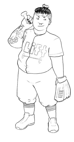 Wyatt Quitter, a fat and short non binary person with a small ponytail and an undercut. They're holding a bat and glove and wearing a Lift uniform.