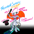 A digital drawing of an action figure of Seraph, in the three-fingered hand of the real Seraph. The action figure is of a robotic winged humanoid. The text around the figure advertises its features: "Freemium Seraph Action Buddy." "Holds things!" "Blaster balls" (points at two black balls near the where the wings join with the body). "Detachable Action Wingz." "5 points of articulation!" "Talks." "Original jersey" (pointing to a black Lift jersey off to one side).