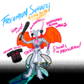 A digital drawing of an action figure of Seraph, in the three-fingered hand of the real Seraph. The action figure is of a robotic winged humanoid. The text around the figure advertises its features: "Freemium Seraph Action Buddy." "Holds things!" "Blaster balls" (points at two black balls near the where the wings join with the body). "Detachable Action Wingz." "5 points of articulation!" "Talks!" "Optional jersey" (pointing to a black Lift jersey off to one side).