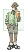 A digital drawing of Sandoval Crossing in a floral shirt, khaki shorts, and sandals over socks, sipping on a brightly coloured smoothie.