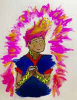 Sparks Beans is a dark skinned person with electric violet and yellow hair and yellow electric tattoos on their neck and arms. They are wearing a blurry dark blue and red Seattle Garages jersey, and holding a cup of coffee.