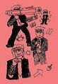 A sketch page of Jon Halifax, an older man with light skin and light hair who is wearing a business suit. He is drawn in a cartoony style and is doing various James Bond like poses with a bazooka but looking very awkward at all of them.