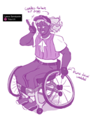 Digital drawing of Lance on a blank background with purple-pink messy colors. Lance is a muscular black man with half-melted, lit candles for hair and a wheelchair user, with a flame pattern on its frame and a pad covering their legs. Wears a basic white shirt with a cropped vest on top and non-sports pants with a belt for style, smiling with prominent nasolabial folds, flicking his cap playfully. Captioned "Candles for hair, bit drippy" and "Flame decal unrelated"