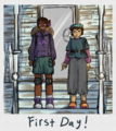 two teenagers stand on a porch, on the left is wyatt mason iv, who's black and is wearing a purple sweatshirt with carl the turtle on it, and a peanut backpack. on the right is ankle halifax, who is white and looks angry as they flip the camera off. there is a polaroid-style frame around the image, with the words "First Day!" written below.