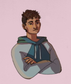 A digital half-body illustration of Isaac Johnson. The sides of his head are shaved, and the top is kept short. He is wearing a blue hoodie and has his arms crossed, with a relaxed neutral expression on his face.