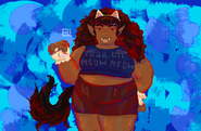 A drawing of Alaynabella Hollywood. She is a fat black woman with natural hair. She is part hellhound and has wolf like ears, tail and fangs. She is wearing a Halloween costume of cat ears and gloves.