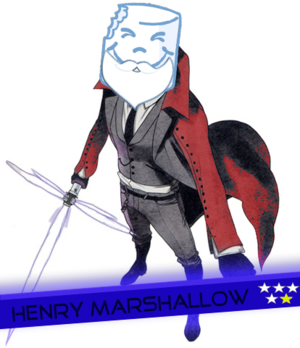 An image of Henry Marshallow, he has a marshmallow for a head, a beard, wears a red suit, and wields a silver lightsaber that's in the shape of a cross.