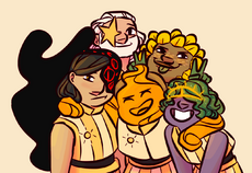 Digital drawing of the 5 remaining original non-alternated Sunbeams as of Season 24. In the front, Miguel James is in the middle with his arms around Nagomi Nava to the left and Lars Taylor on the right. Behind them, Zack Sanders is in between Miguel and Lars, sticking her tongue out and throwing out peace signs. Sandoval Crossing is between Miguel and Nagomi, smiling. All are dressed in their active Sunbeams uniform. Zack and Miguel are both smiling wide and Nagomi is looking slightly bored at the camera.