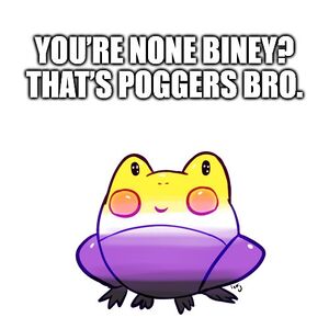 A nonbinary flag colored frog sitting under text that reads: “You’re none biney? That’s poggers bro.”