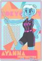 A digital retro-looking Tlopps card in faded pastel orange, pink, and blue. Ayanna is a human-shaped water-filled plastic vessel with a water bottle cap on her head. She smiles as she holds out a bat in one hand, with her other hand on her hip in a confident pose. The background features retro geometric shapes in orange and pink superimposed on a blue background.