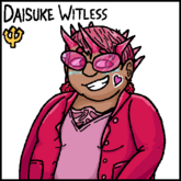 Digital artwork of Daisuke Witless. Daisuke is a fat Japanese transgender man with candy crab adaptations. His hair is dyed pink, he wears pink sunglasses, he wears glittery makeup and has a heart sticker on his cheek. He wears a pink V-neck t-shirt and a red-violet jacket. He is looking to his left, and smiling.