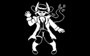 A black and white pixel sprite of Gallup Crueller. She's a demon with fiery hair, horns and hooves. She is wearing a cowboy hat and a cowboy themed outfit with a trenchcoat. She is winking at the viewer.