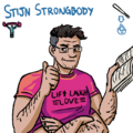 A digital drawing of Strongbody, a middle-aged muscular four-armed Japanese man with rectangular glasses and short hair. He is smiling as he holds a thumb up with one hand, holds a book with another, and crosses the other two arms. His pink t-shirt reads, "Lift Laugh Love."