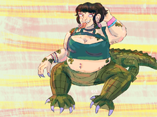 A digital drawing of Stout Schmitt. Xe is a fat feminine alligator-centaur. Xe are wearing a cute crop top and accessories. Xyr nails are sharp and painted. Xe also has sharp teeth.