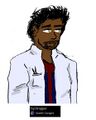 A digital drawing of Dr. Taj Dropper, a Pakistani man with brown skin and black short hair and facial hair. He is wearing a lab coat over his Garages jersey and looks tired.