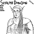 An uncolored bust drawing of Shiloh Donjon, a Black person in hir early 20s wearing a set of chitinous armor without a helmet. ze has a long face, long pointy carcinized ears, and wears rectangular glasses and a beanie over long dreads. ze looks at the viewer with a pensive expression.