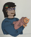 A colored sketch of Brie, a Japanese-American person with just-off-the-shoulder black hair and blue glasses. Brie is wearing a blue sweater. Brie is holding an orange cat. The cat is wearing a salmon costume. The cat has blue and purple alien eyes.