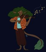 A drawing of Paula Turnip. Paula is a dryad with brown wooden skin, green loose afro-textured hair, long pointy ears, digitigrade feet, and a long tail with a leaf at the end. She is wearing an orange and brown flannel, a plain blue shirt, and brown pants with no shoes. She has her eyes closed and is playing a brown violin. The background is plain dark blue.