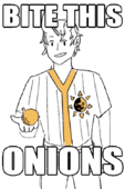 An Image of Randy Weed in Sunbeams uniform holding out an onion in his right hand. At the top of the image it says "Bite This" and at the bottom it says "Onions"