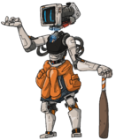Gia in a humanoid robotic body. Her head is a CRT monitor with a toaster on the back and her limbs are made of an off-white plating with mechanical details revealed at the joints. She is looking at one of her hands while her other holds a wooden bat as a walking stick.