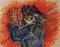 A drawing of Jan in markers. Jan is a skeleton with kelp hair weariing a pirate outfit. She is winding up for a pitch in front of a fiery background.
