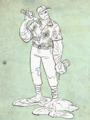 an uncolored digital drawing of melton campbell on a textured light green background. melton is a humanoid lava elemental wearing a hawaiian shirt and blaseball cap. it stands with its head cocked, eyes squinting in a smile, as it holds a metal soup can in one hand and jauntily rests its bat on one shoulder with the other.