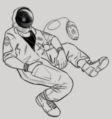 Digital lineart of Wanda Schenn, a German person in an old astronaut helmet and an unzipped flight suit with the sleeves rolled up. on one shoulder, wanda has a fire diamond, and on her breast, she has a tacos insignia. they float in a relaxed position, as if in a zero gravity environment, and listen to music through earbuds attached to a discman. her helmet reflects fields under a night sky.
