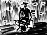 A monochromatic digital charcoal drawing of Jon Halifax, a shadowy figure in a suit and gambler hat, sits on some steps with one leg crossed so the ankle rests on the other leg's knee. A briefcase rests at his feet, and the background is shadowy and full of eyes.