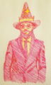 A sketch of King Weatherman, a man in suit and tie wearing a wizard hat and crown over it, drawn in pink and yellow pen on paper.