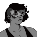 A greyscale drawing of Semiquaver, a fat Japanese woman with short blobby shadow hair in a sideshave, and a semitransparent mask or visor dripping with shadows. She is wearing a V-neck and looks at the viewer with a slight serious frown.