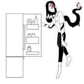 An image of Nagomi Nava, hovering in front of a fridge, holding the door open with one hand while the passenger holds a yakult bottle in one tentacle.
