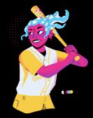 A limited palette digital drawing of Sunbeams player Hahn Fox. Hahn, a woman with dark skin and bright blue squid tentacles for hair, is wearing yellow Sunbeams jersey with a matching yellow pants. She is smiling and swinging a blaseball bat covered in stickers. The background is black.