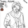 An uncolored line drawing of Sabel Assiri with her team, stats, and position displayed above. Sabel is a middle-aged Moroccan Hijabi woman with an eye patch and a lot of crab legs coming out one side of her face. She wears a crumpled blazer with the sleeves pushed up over a buttonup shirt, and looks at the viewer with a serious, almost stern, expression.