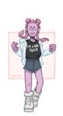 Art of Hahn Fox, wearing platform trainers, denim shorts, and a holographic jacket over a black t-shirt that reads \"I'M A RAD SQUID\".