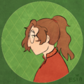 A digital drawing of a profile of a white man. He has long brown hair tied into a ponytail and big round glasses. His shirt is red. The background is green.