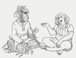 a black and white drawing of alejandro leaf and jasmine mason on a blank background. aly is a person made of vines with a pitcher plant for a head and is wearing a hoodie and shorts. jas is a fat black teenager with shoulder-length curly hair and short overalls. both are sitting and facing towards each other, aly with her vine legs folded underneath her, jas with her legs crossed. jas smiles and gestures as she speaks to aly.
