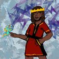A digital drawing of King Weatherman, a Black man with dark brown skin, facial hair and locs. He is wearing a red and black dress sometimes known as the "meteorologist dress". He is making rain appear with his left hand and looking smugly at the camera. He has a golden crown on his head.