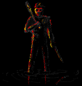 A digital drawing done in Kidpix of Sunbeams player Joe Voorhees. He is standing in dark water that reaches just past his ankles completely engulfed in shadows, and is resting a blaseball bat on right shoulder while holding a knife in his left hand. The drawing is illuminated just slightly by a yellow and red light from the right, out of view.